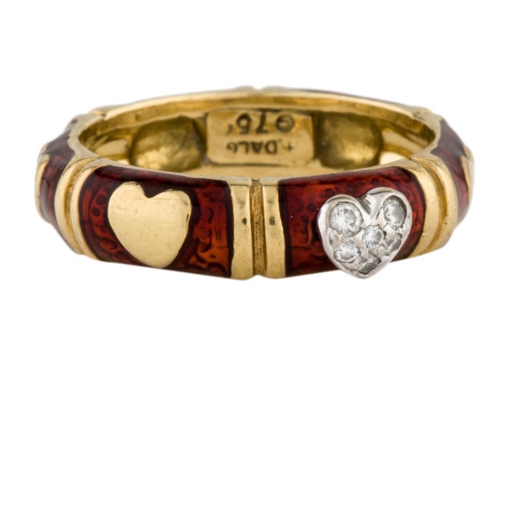 Hidalgo 18k Gold and Red Enamel Heart Ring with Diamond pavé heart - size 8